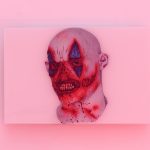 a (horror_mask_scratched_clown_face ), detail, 2017, glass, plexiglass, print, 185 x 80 cm 