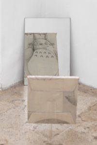 Totoro in front of the mirror, 2004, Mixed media on fabric, book, thread, glass, plastic, 32,5 × 24 × 11 cm