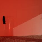 Untitled (red), 2017, LED, glass (160 x 80 x 0.2 cm) x 2, size specific, Installation view, "(Séance), duo show with Willem Öorebeek , Shanaynay, February 2017